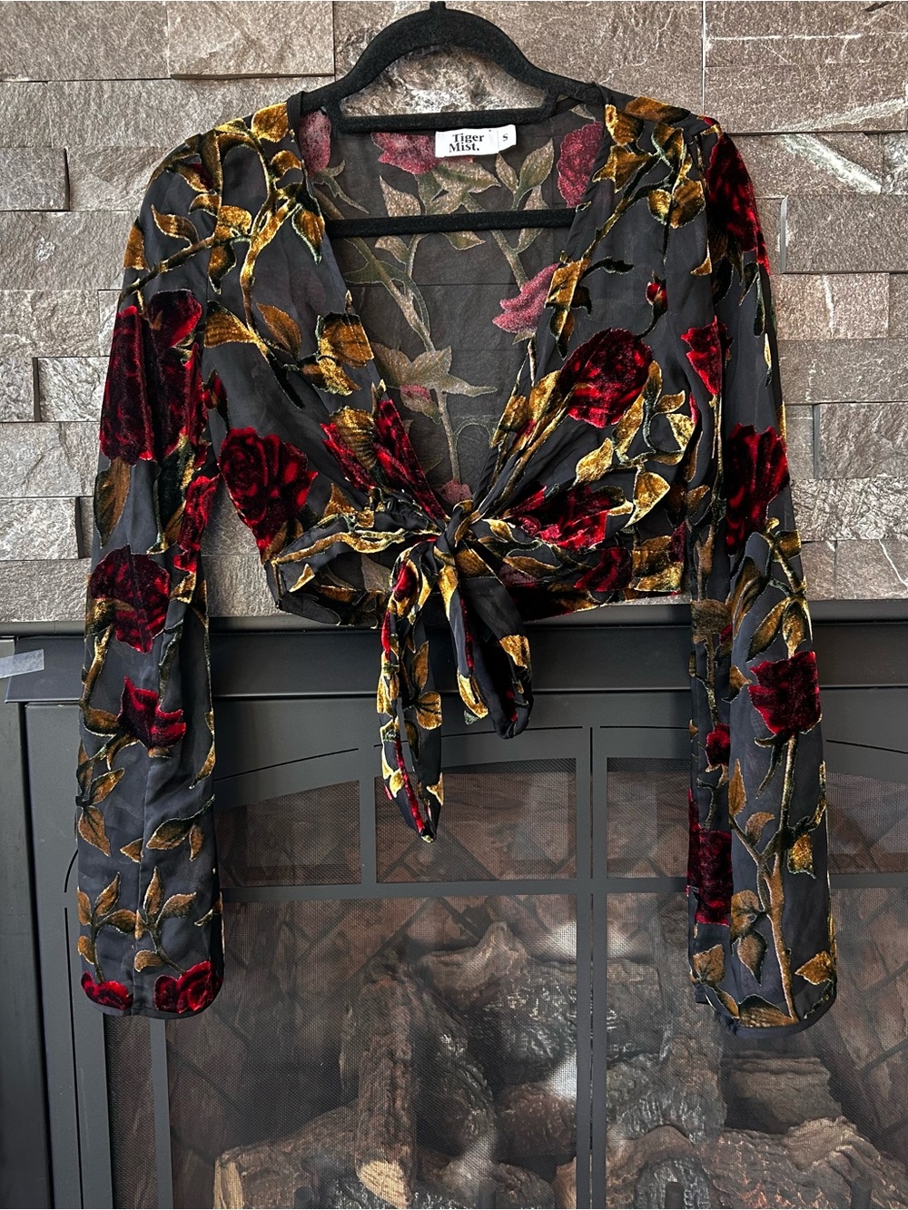 Tiger Mist Floral Velvet Burnout Tie-Front Crop Top